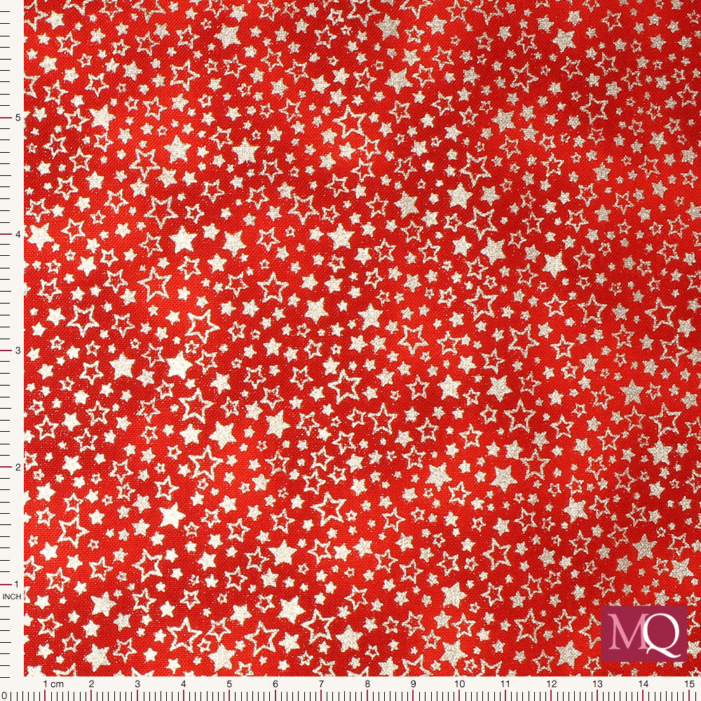 Cotton quilting fabric with mottled red background and tiny silver stars all over