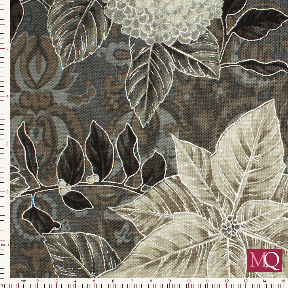 Cotton quilting fabric with subtle Christmas theme featuring foliage and flowers in neutral colours with silver highlights