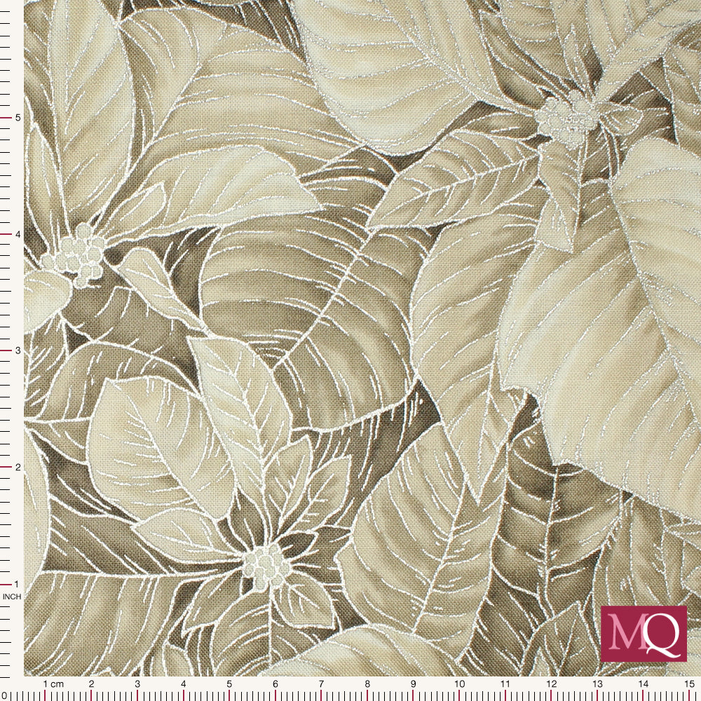 Cotton quilting fabric with foliage in neutral colours with Christmas theme and silver highlights