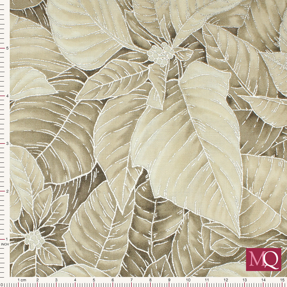 Cotton quilting fabric with foliage in neutral colours with Christmas theme and silver highlights