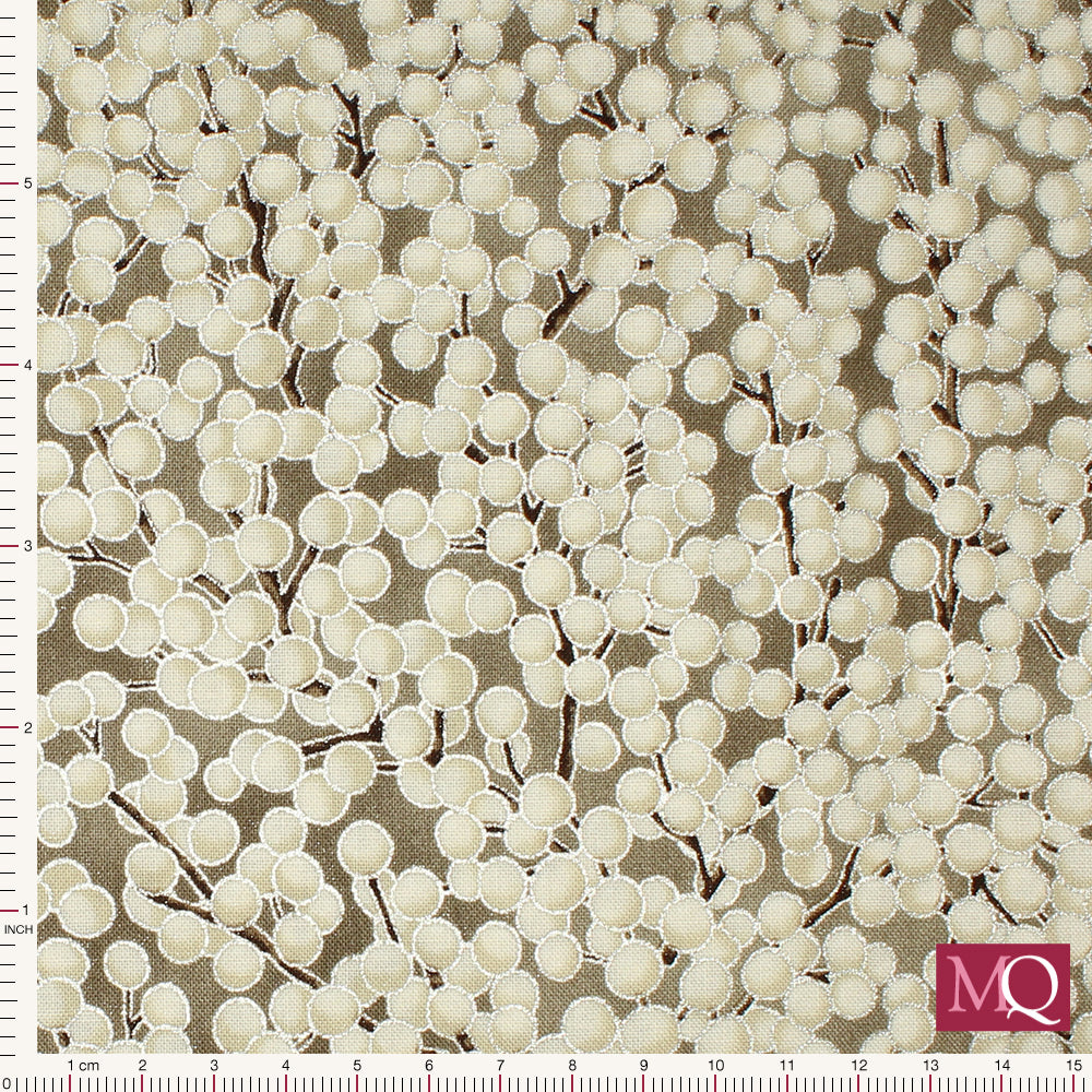 Cotton quilting fabric with berries on branches in neutral colours with silver highlights