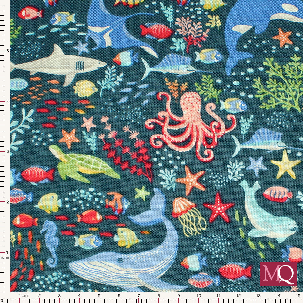 Deep Blue Sea by Makower -Sea Creatures Dark Blue