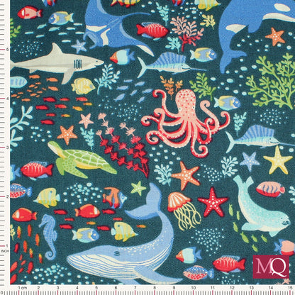 Deep Blue Sea by Makower -Sea Creatures Dark Blue