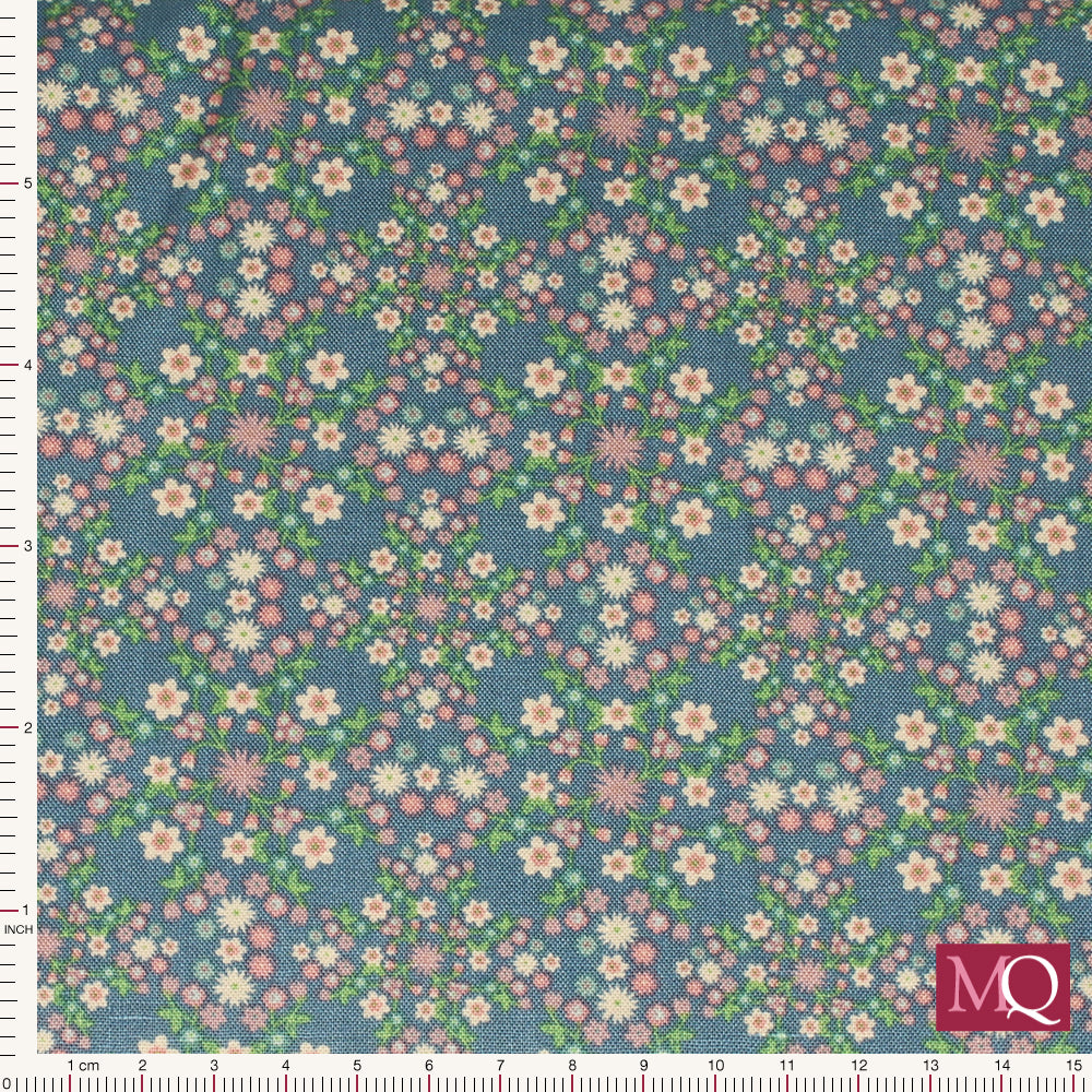 Le Petit Escargot by Lori Woods for Poppy Cotton - Blooms and Vines Blue