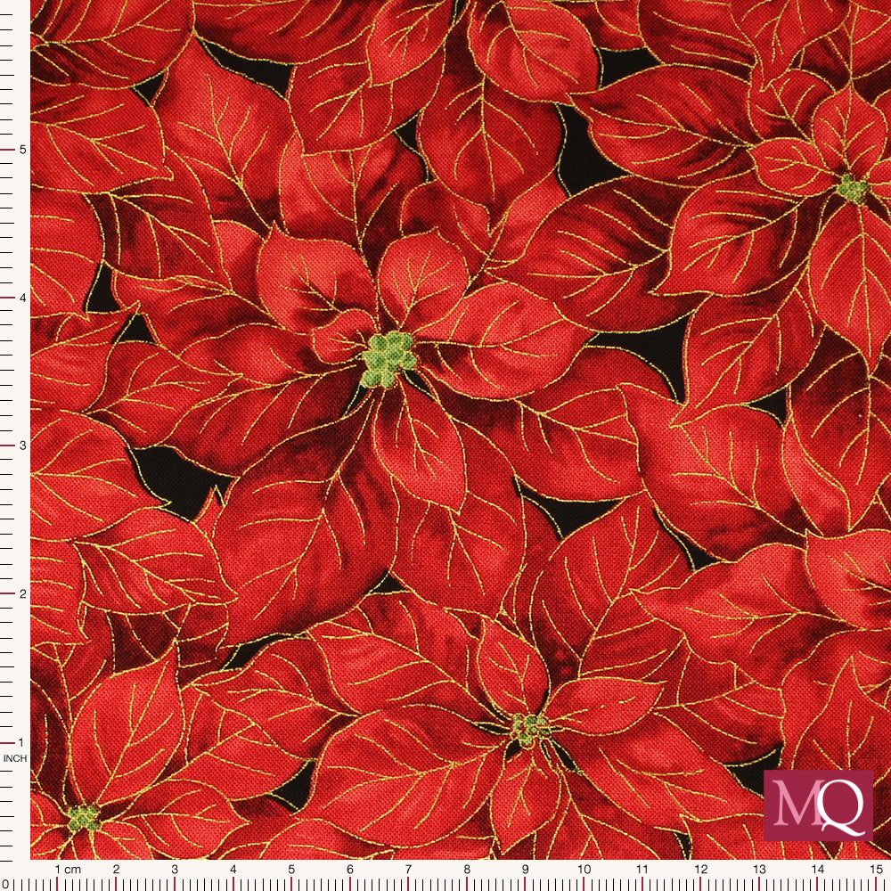 Merry Christmas  by Timeless Treasures - Holiday Packed Poinsettias  Metallic Red