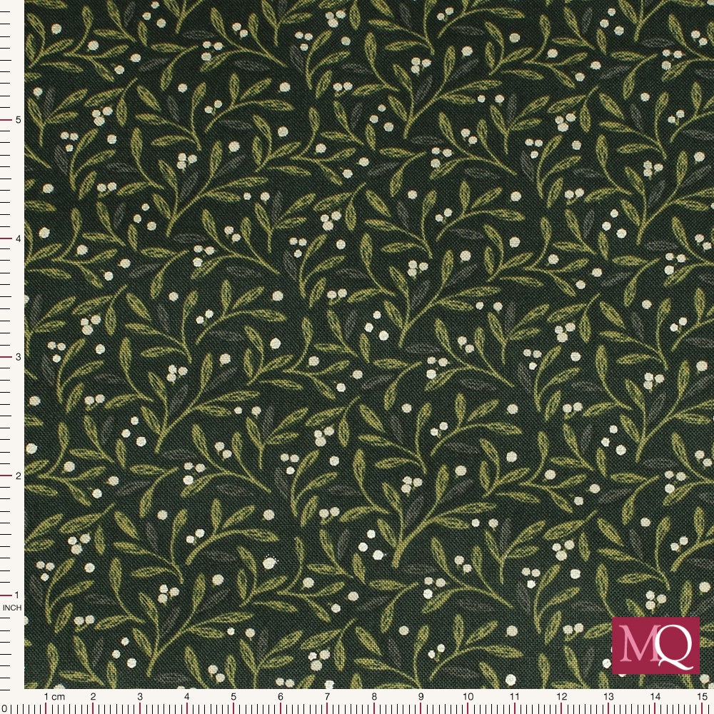 Winter's Garden by Cassandra Connolly for Lewis and Irene - Mistletoe Charms (Deep Forest Green)