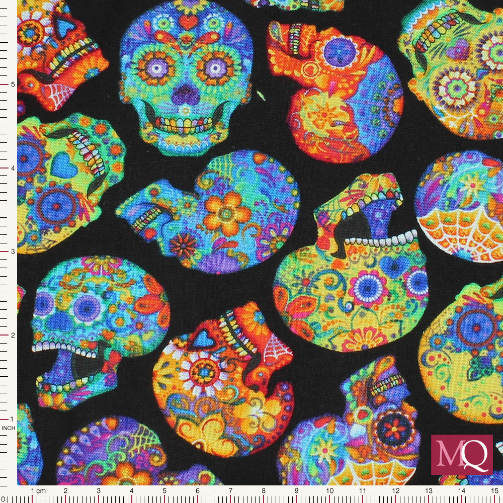 COLORFUL DAY OF THE DEAD SKULLS by Timeless Treasures - Fun - Black