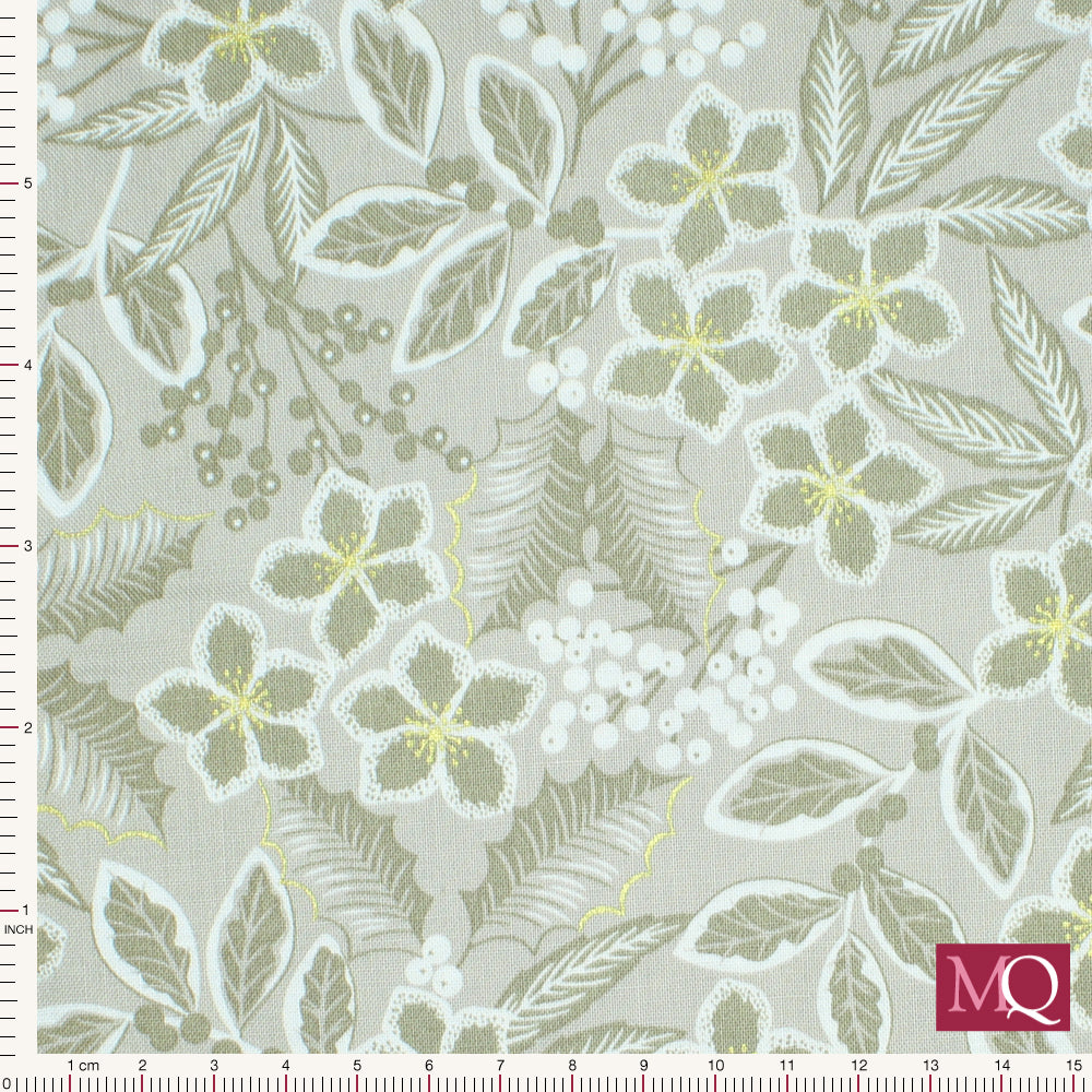 Noel by Lewis and Irene - Holly Berries Mono on Natural Grey