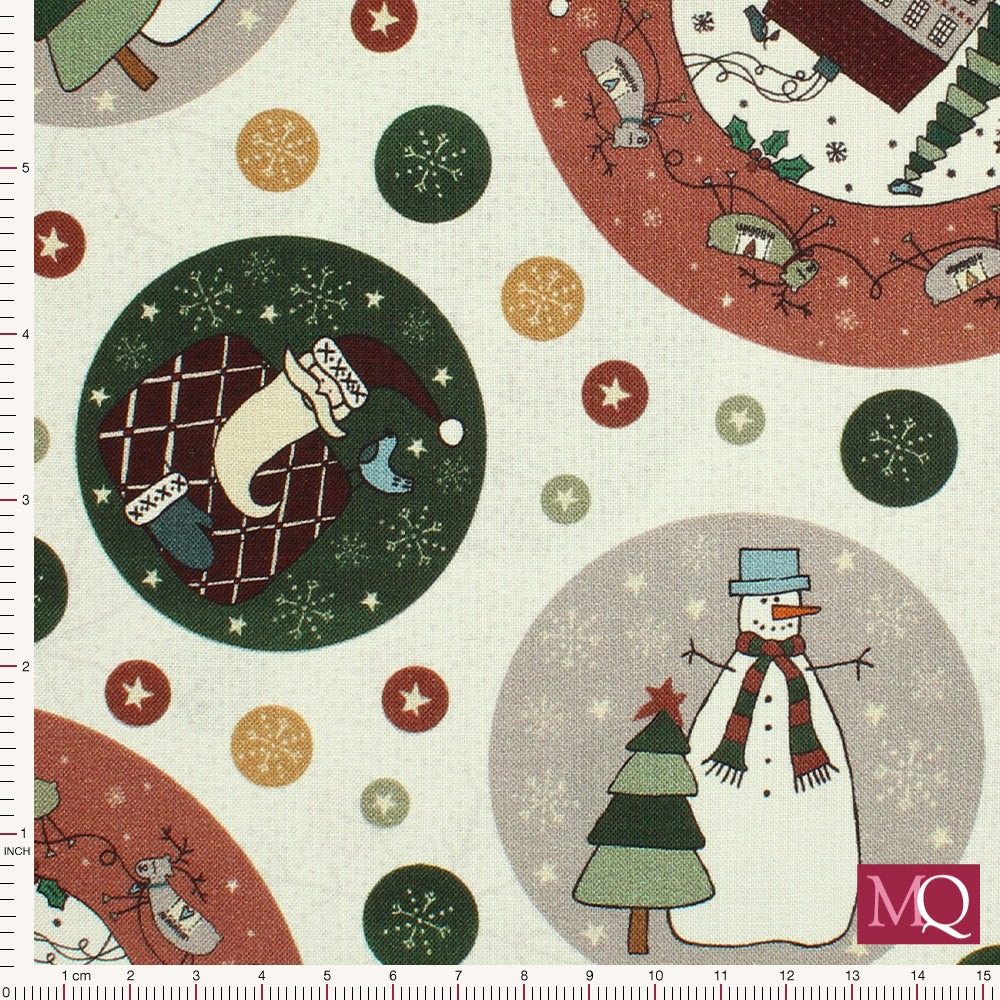 Cotton quilting fabric with modern Christmas design featuring snowmen, Father Christmas, deer and a Christmas scene on a cream background with warm tones