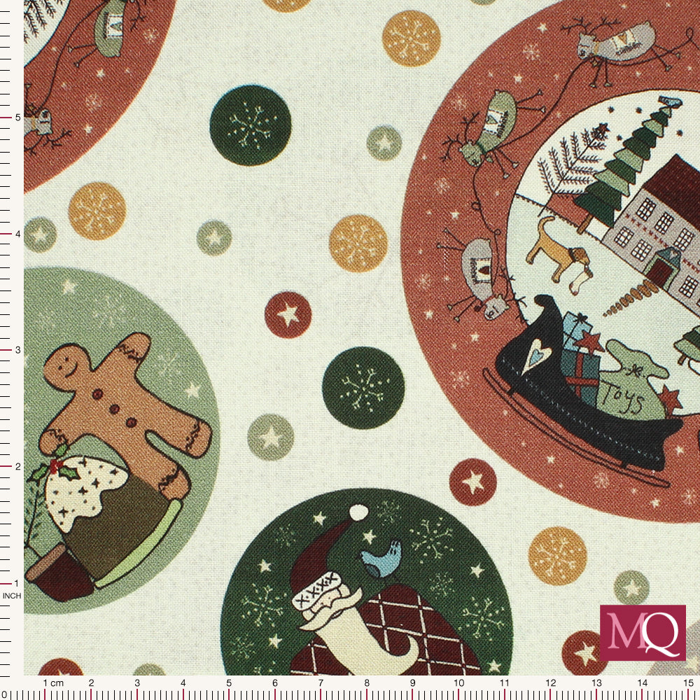 Cotton quilting fabric with modern Christmas design featuring snowmen, Father Christmas, deer and a Christmas scene on a cream background with warm tones