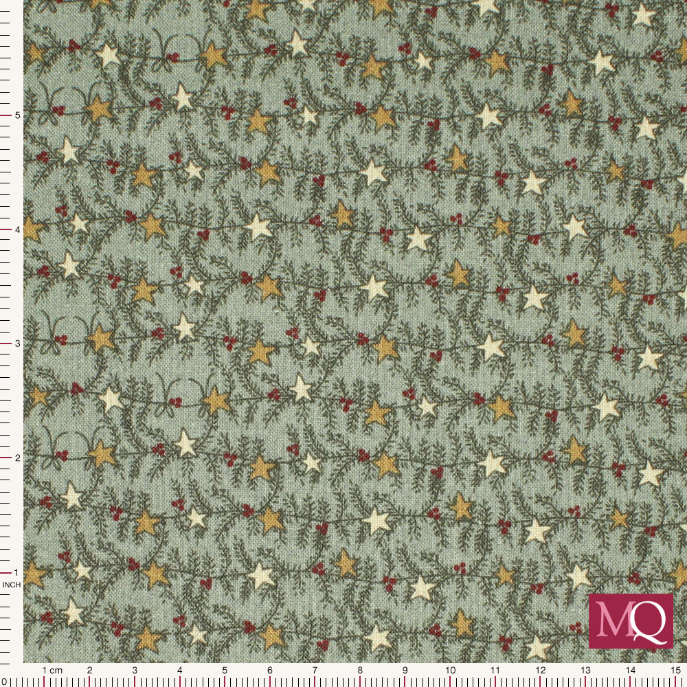 Cotton quilting fabric with modern Christmas design featuring foliage and stars on a warm grey green background