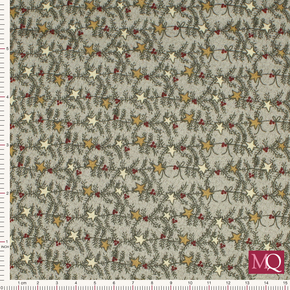 Cotton quilting fabric with modern Christmas design with delicate foliage print and stars on a warm grey background