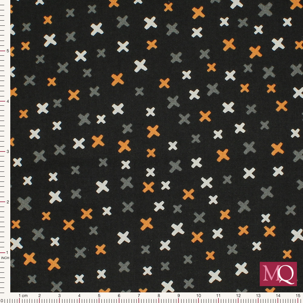 Cotton quilting fabric with black background and grey, orange and white crosses, good for halloween
