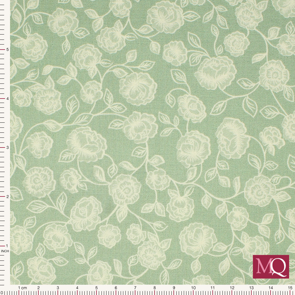 Cotton quilting fabric with all over rose print in tonal greens with arts and crafts feel