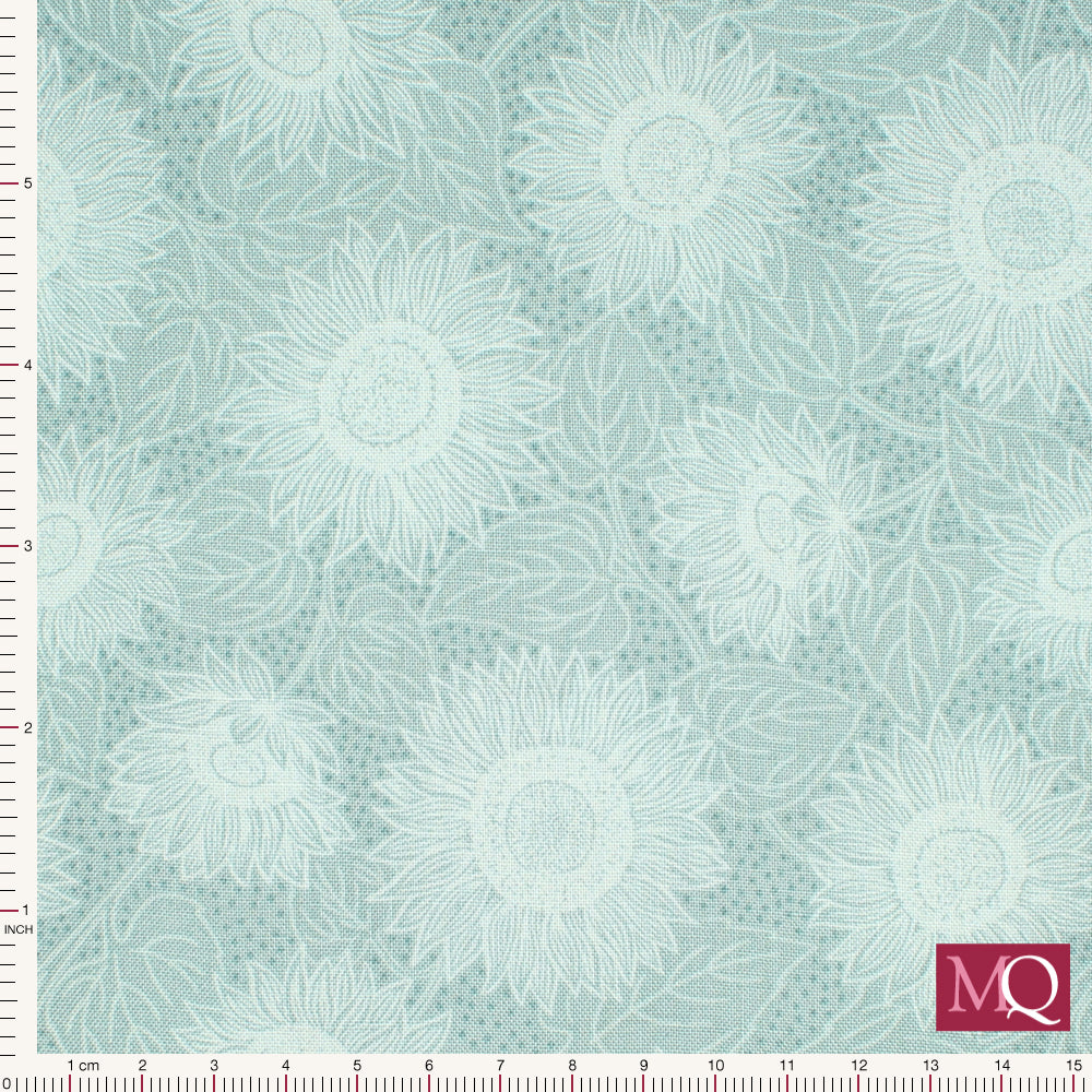 Cotton quilting fabric with all over tonal print of sunflowers and their leaves in pale blue with arts and crafts feel