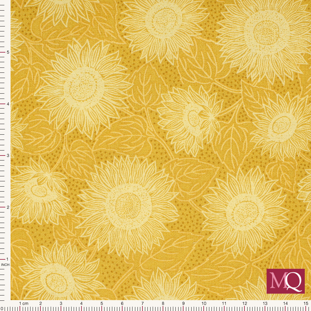 Cotton quilting fabric with all over tonal botanical design featuring sunflowers and leaves
