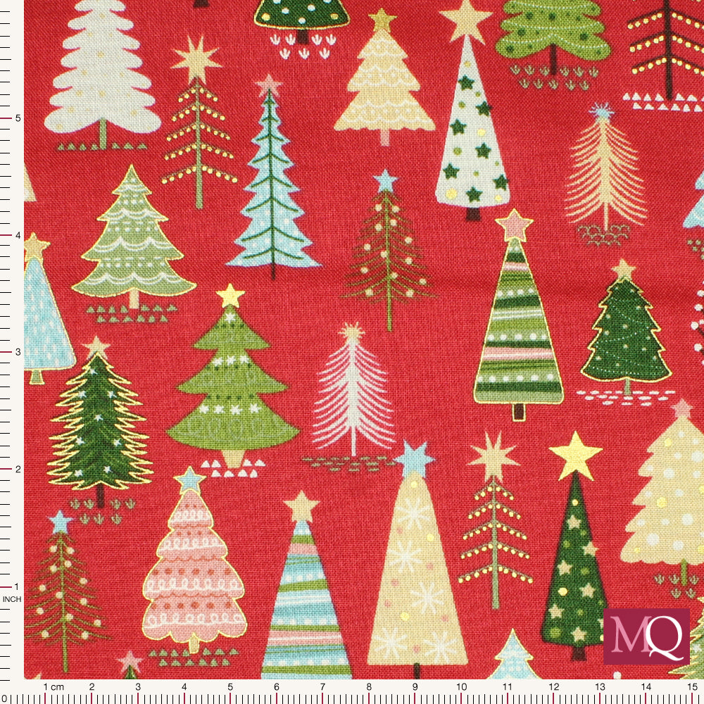 Cotton quilting fabric with modern illustrations of Christmas trees on red background