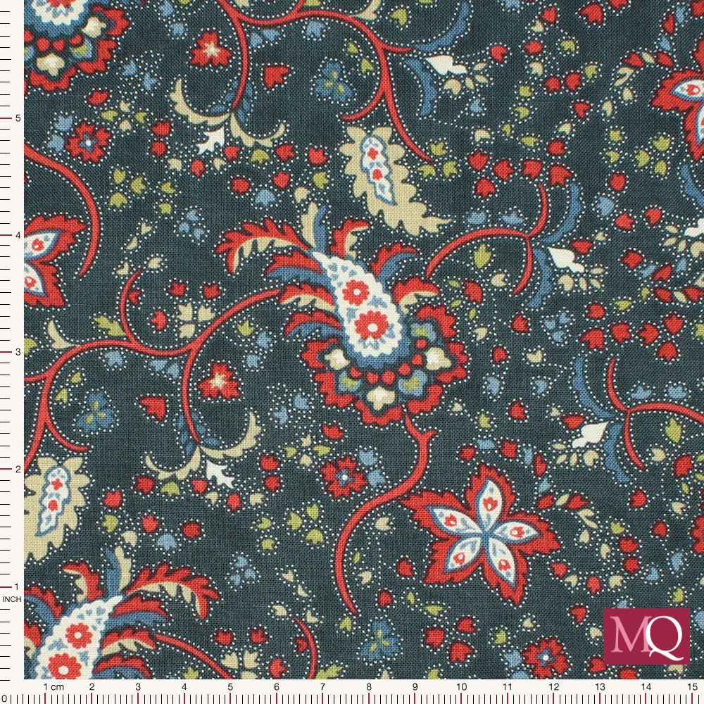 Cotton quilting fabric with paisley style design in a botanical theme in red, white and blue
