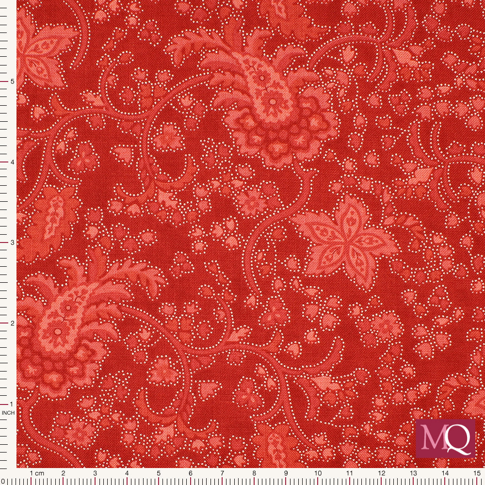 Cotton quilting fabric with subtle paisley style design with botanical theme in tonal reds