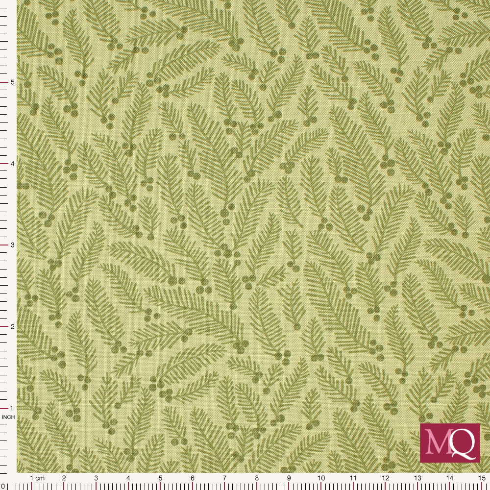 Cotton quilting fabric with subtle modern Christmas theme in muted tonal greens