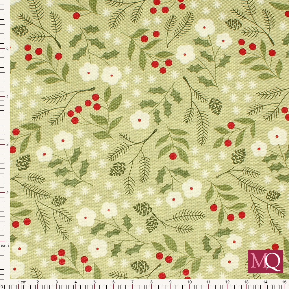 Cotton quilting fabric with modern floral and foliage design in muted tonal greens and red berry highlights