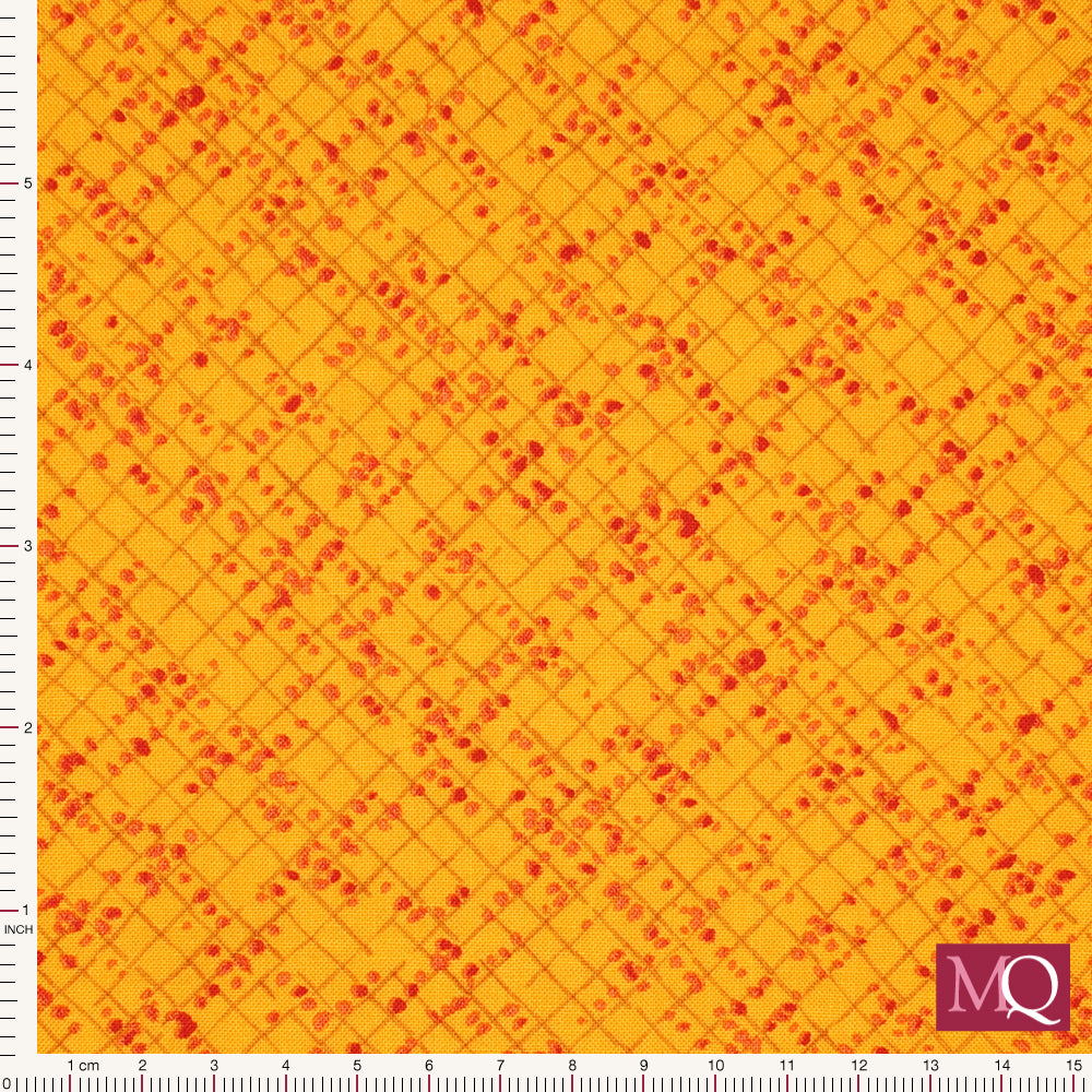 Cotton quilting fabric with painterly grid texture and dappled dots in tonal warm oranges