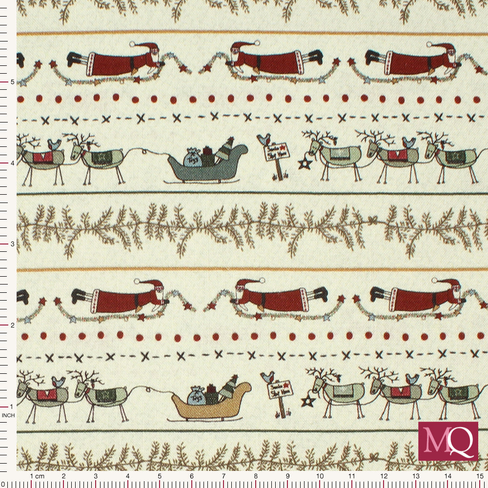 Cotton quilting fabric with fun Christmas print on cream background featuring Father Christmas, a sleigh, deer, and foliage