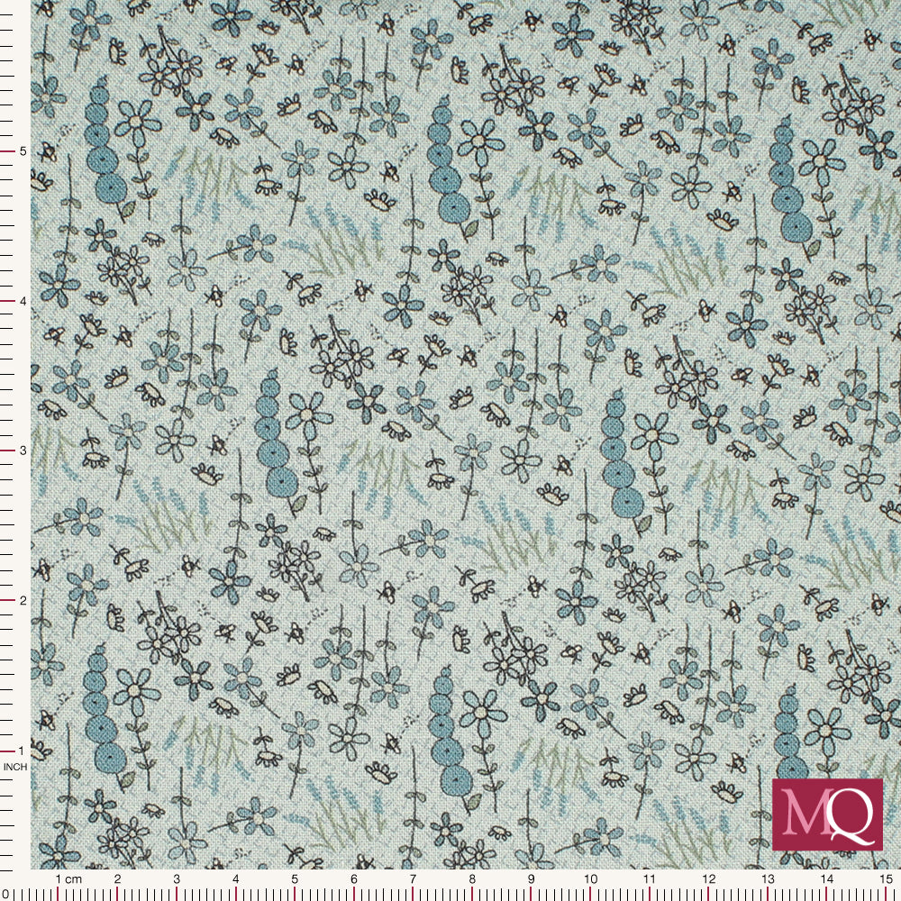Cotton quilting fabric with modern delicate floral print in tonal blues