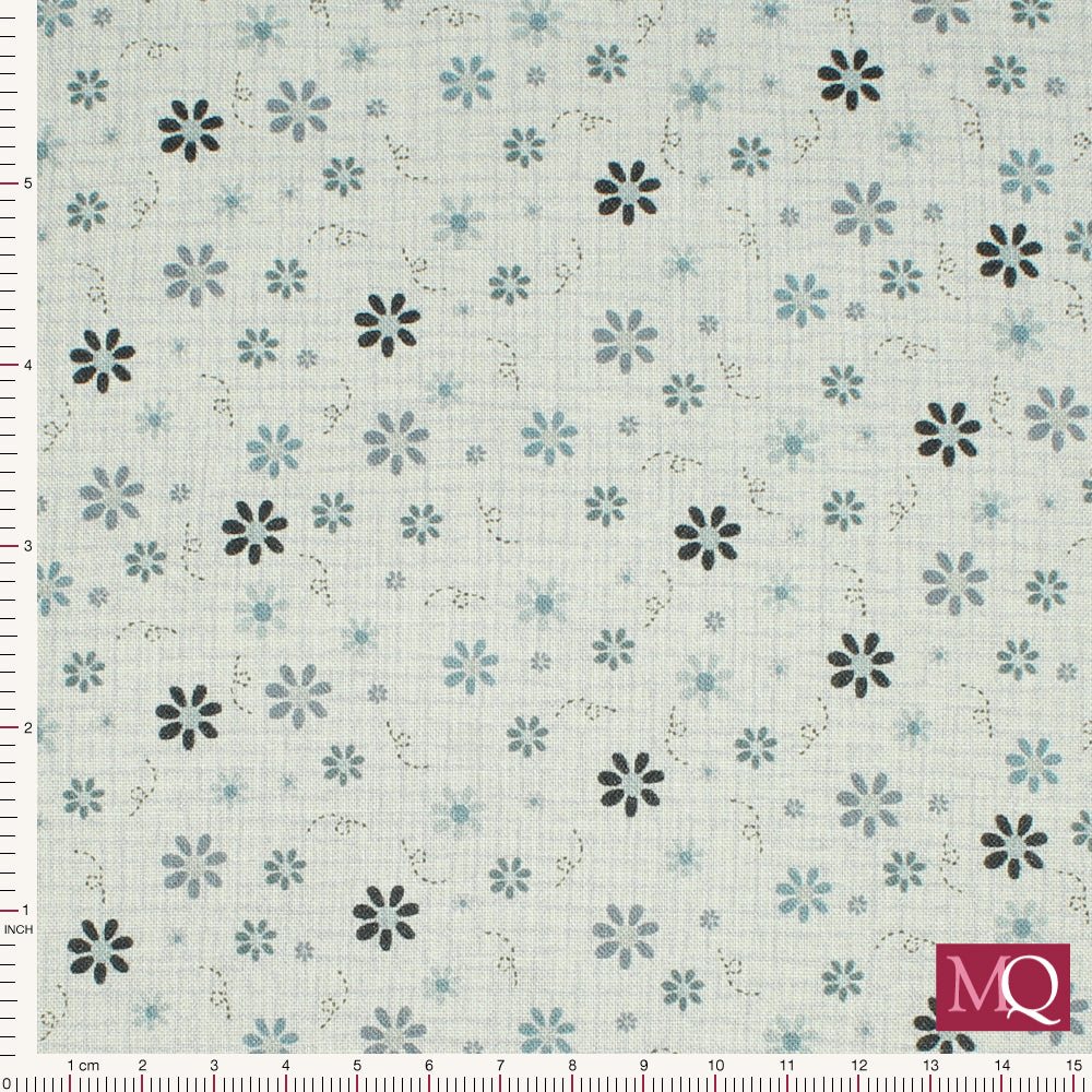 Cotton quilting fabric with pale blue crosshatched background and dainty flowers in tonal blues