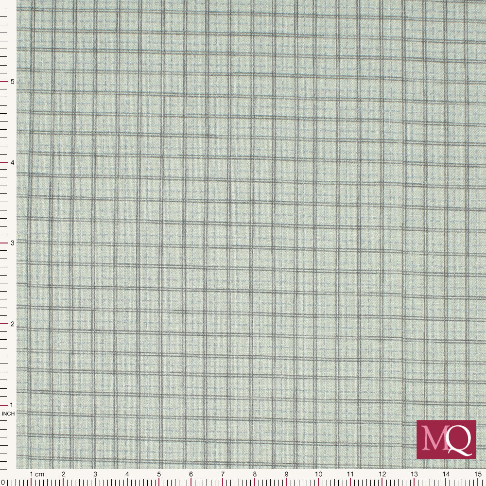 Cotton quilting fabric with fine grey and blue checks on warm grey blue background