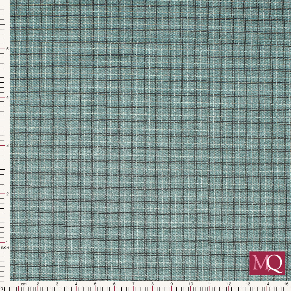 Cotton quilting fabric with printed fine checks in dark grey and white on warm teal blue background