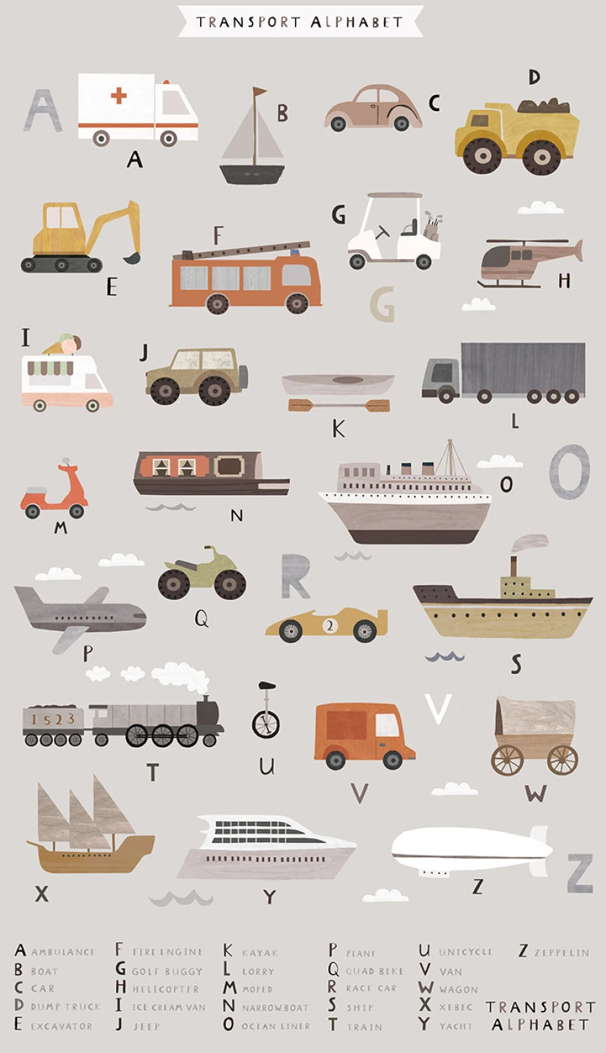 Transport Alphabet  by Paint Love Studio for Dear Stella _ Panel - Are We There Yet? - Fog