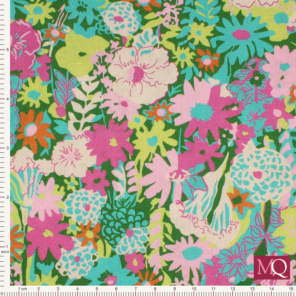 Cotton quilting fabric with modern floral design in greens, pinks and turquoise