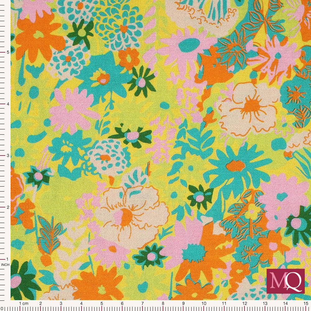 Cotton quilting fabric with modern floral design in multi colours including lime green, turquoise, pink and orange.