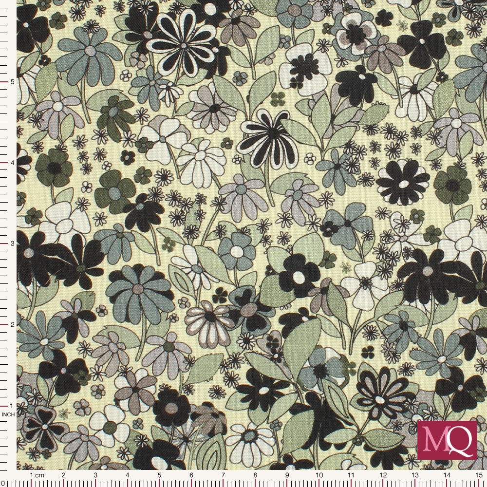 Cotton quilting fabric in tonal warm greys and blacks featuring modern retro flower design