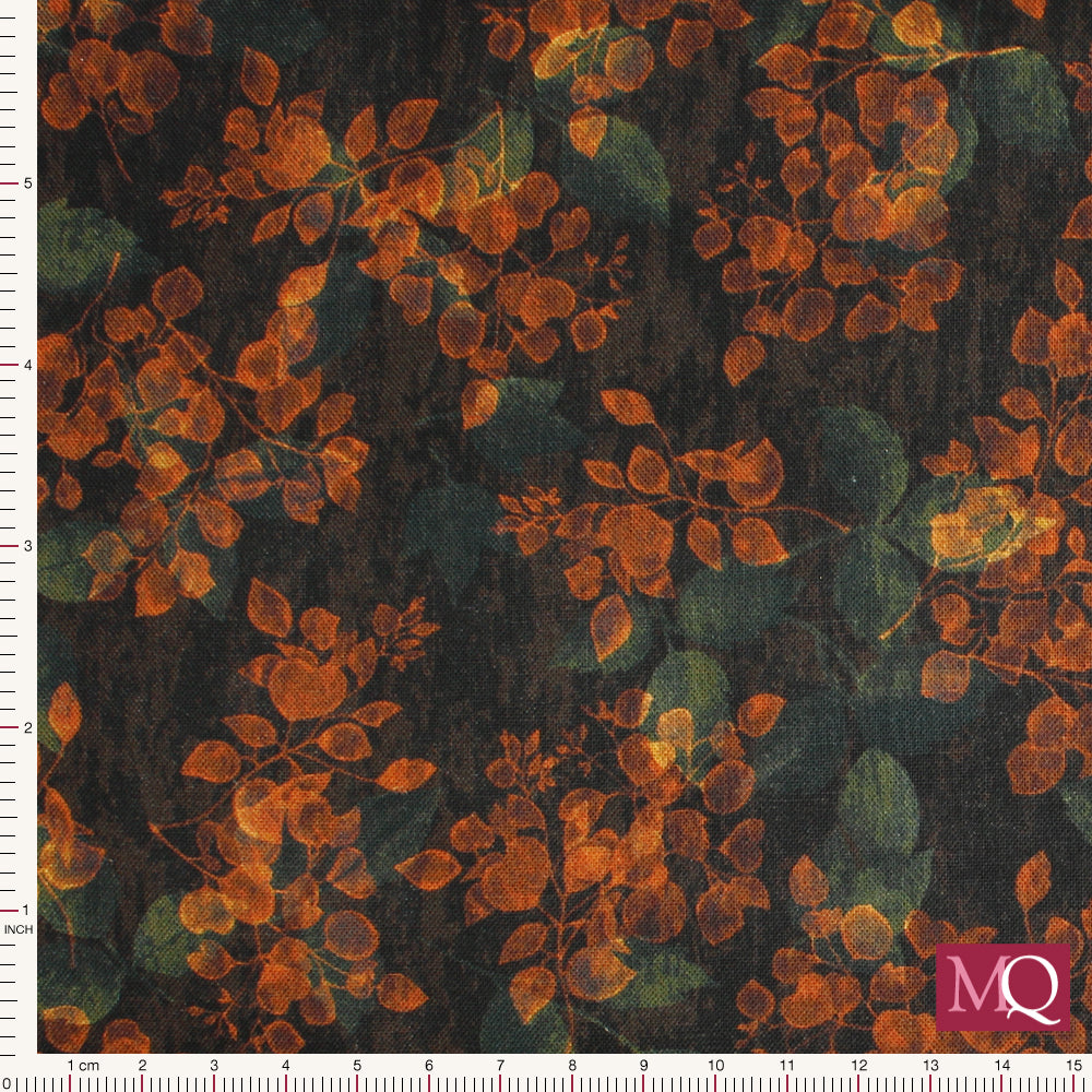 Cotton quilting fabric in autumnal colours featuring orange stems overlaid on subtle green-brown leafy background