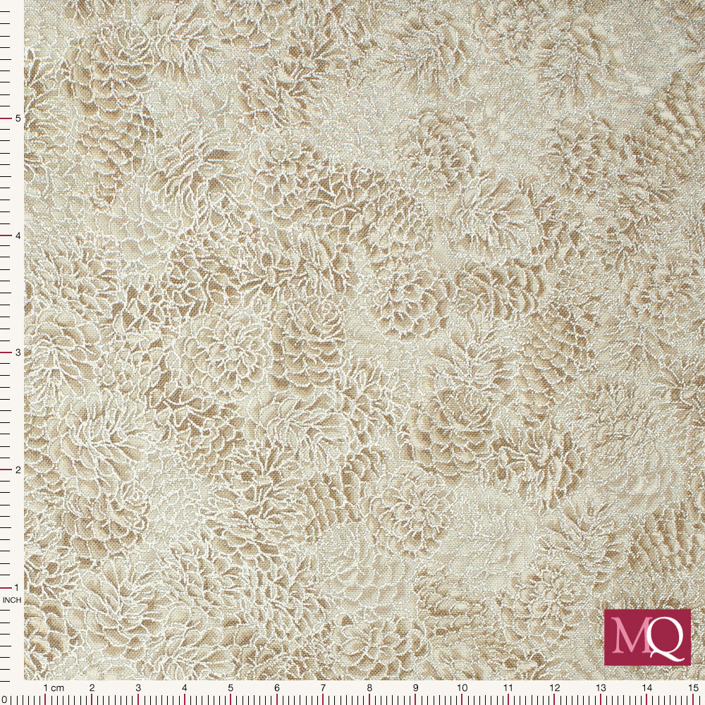 Cotton quilting fabric with pine cone pattern with extensive silver highlights