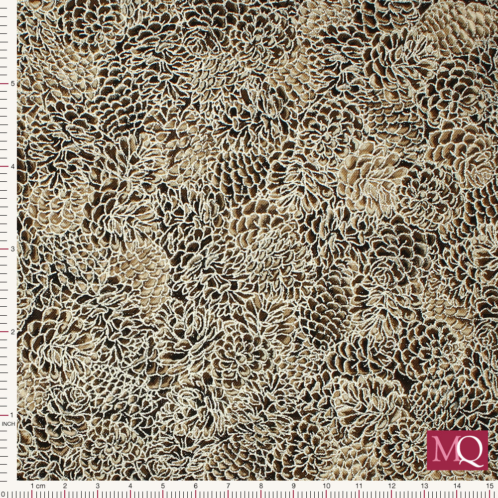 Cotton quilting fabric with pine cone pattern with extensive silver highlights
