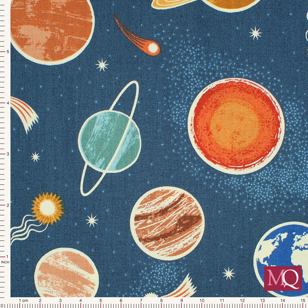Cotton quilting fabric with modern space design featuring planets and shooting stars with glow in the dark details
