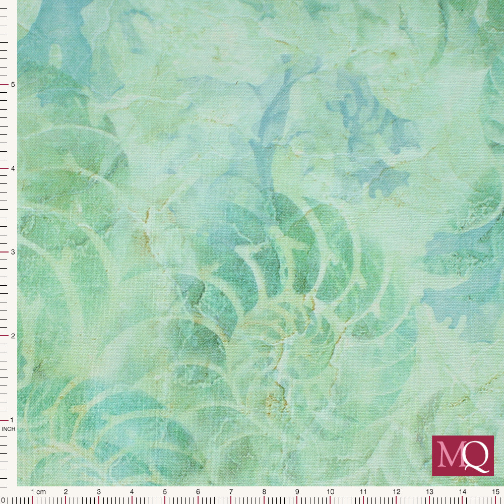 Cotton quilting fabric with subtle tonal ammonite design below a watery overlay