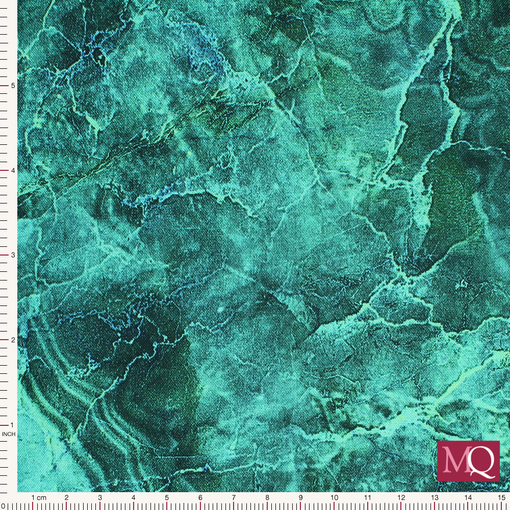 Cotton quilting fabric with natural marbled teal design resembling ocean waves from above