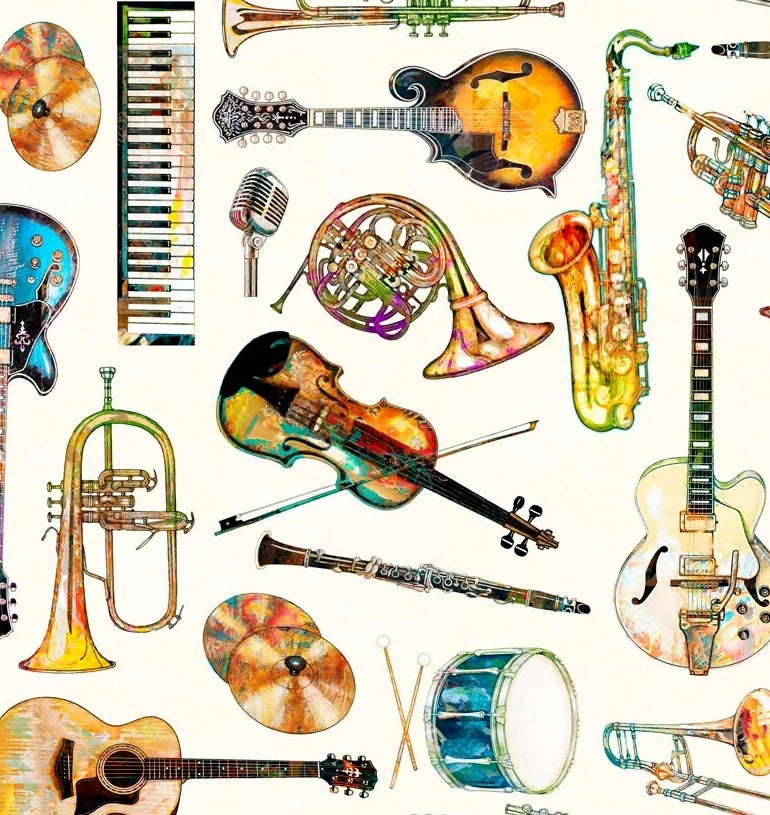 Fine Tuning by QT Fabrics - Instruments Toss Eggshell 26845 -E  £1.40/10cm