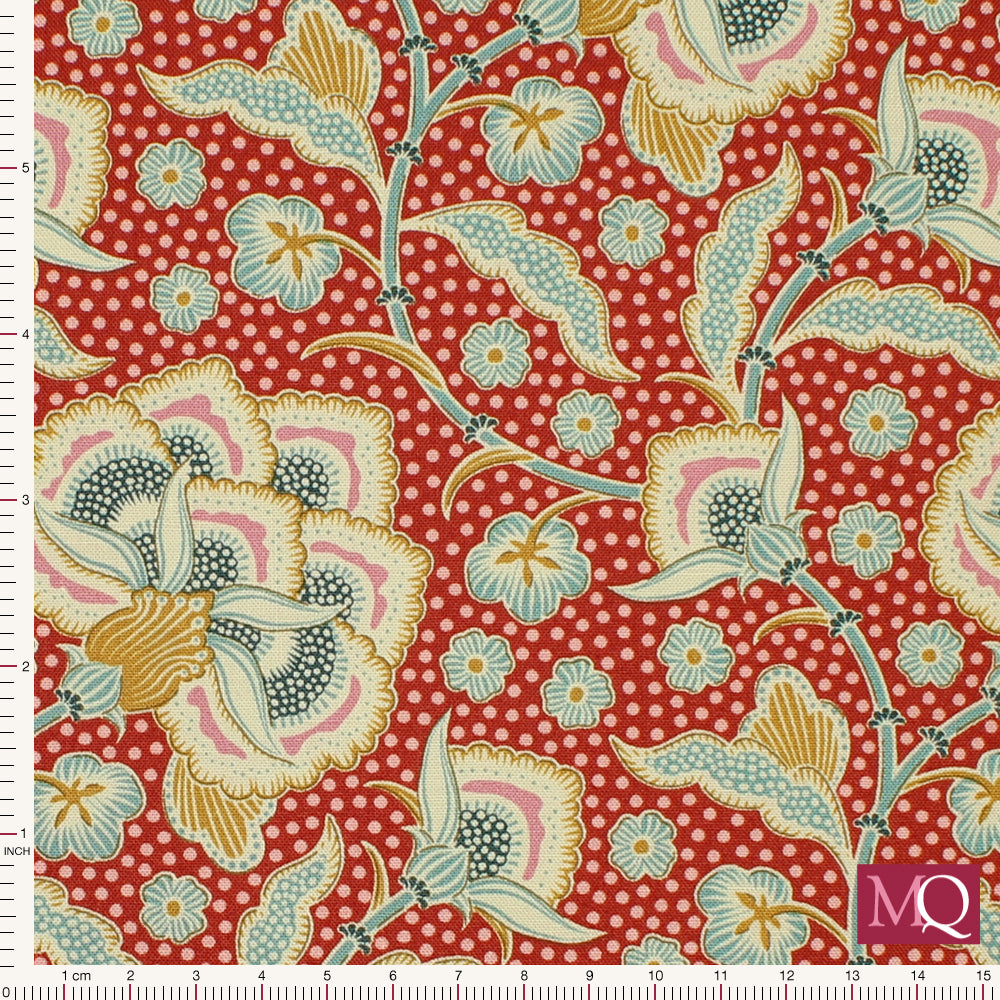 Modern cotton quilting fabric with elaborate floral pattern on red background.