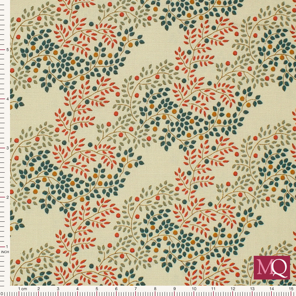 Cotton quilting fabric with autumnal colour theme depicting delicate branches and berries