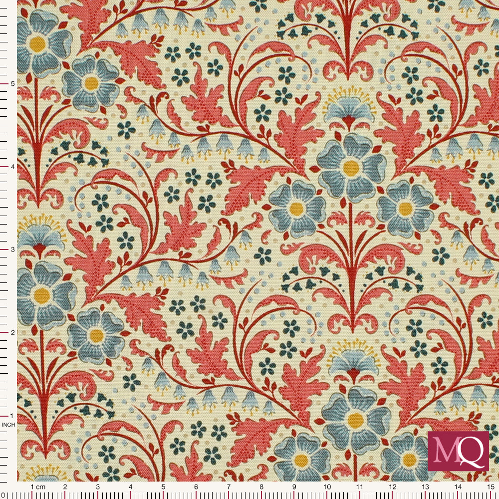 Cotton quilting fabric with arts and crafts style symmetrical floral print in blues and reds
