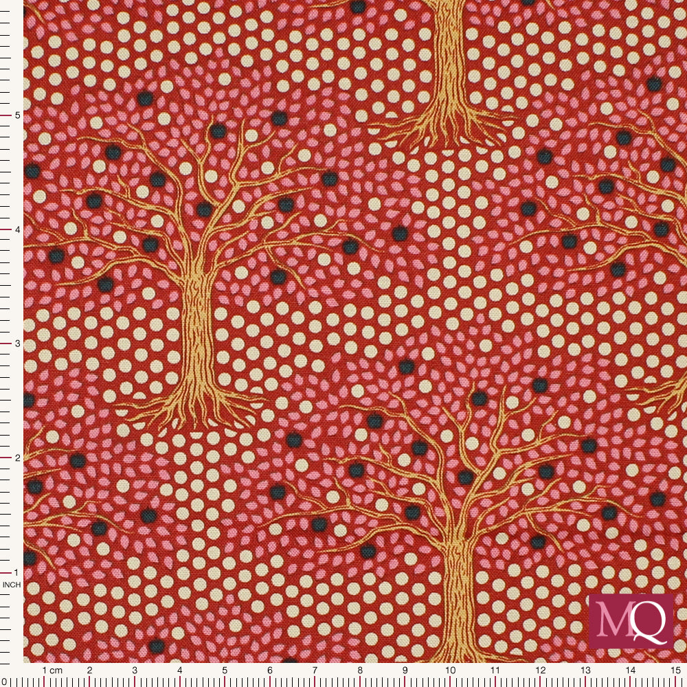 Modern cotton quilting fabric with subtle apple tree design with red theme