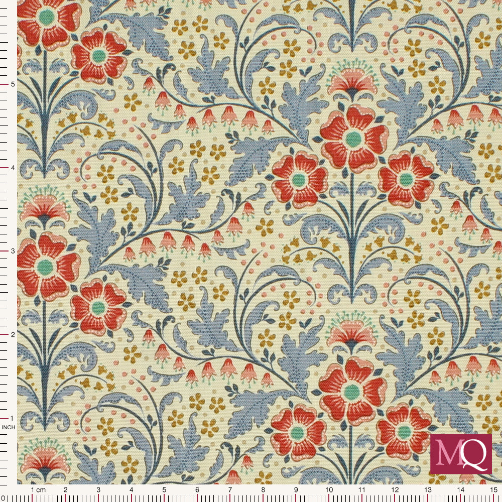 Cotton quilting fabric with William Morris style Arts and Crafts symmetrical floral print in red and blue