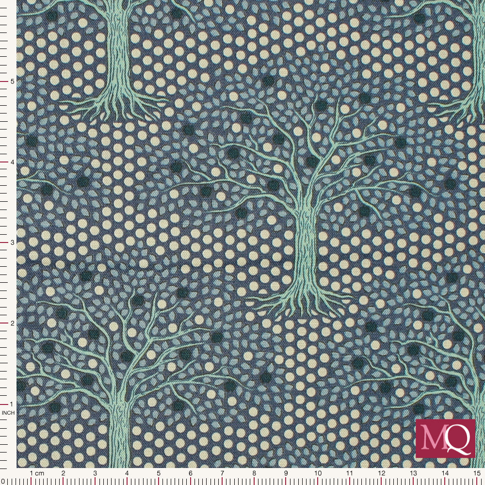 Modern cotton quilting fabric with tonal blue apple tree