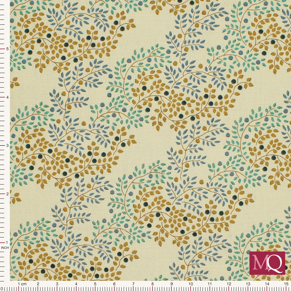 Cotton quilting fabric with a modern-vintage feel in warm muted colours with delicate branches and leaves