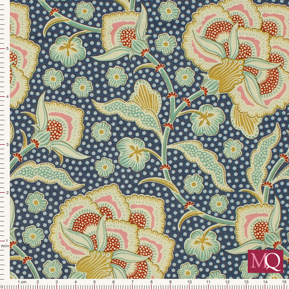 Modern cotton quilting fabric with elaborate floral design on blue background